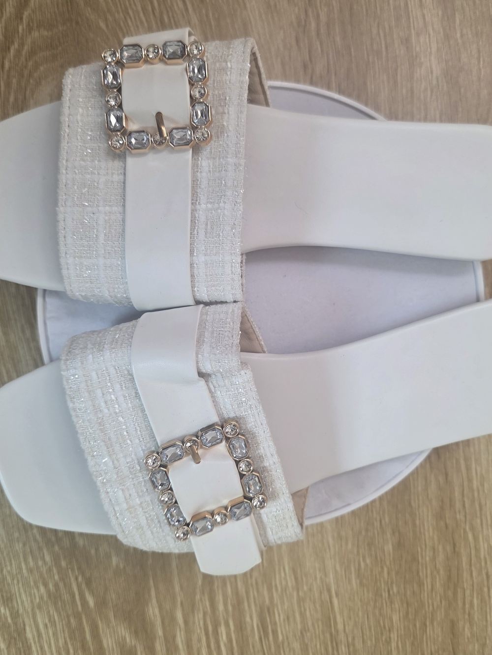 White Women's Slide Sandals with Crystal Buckle
